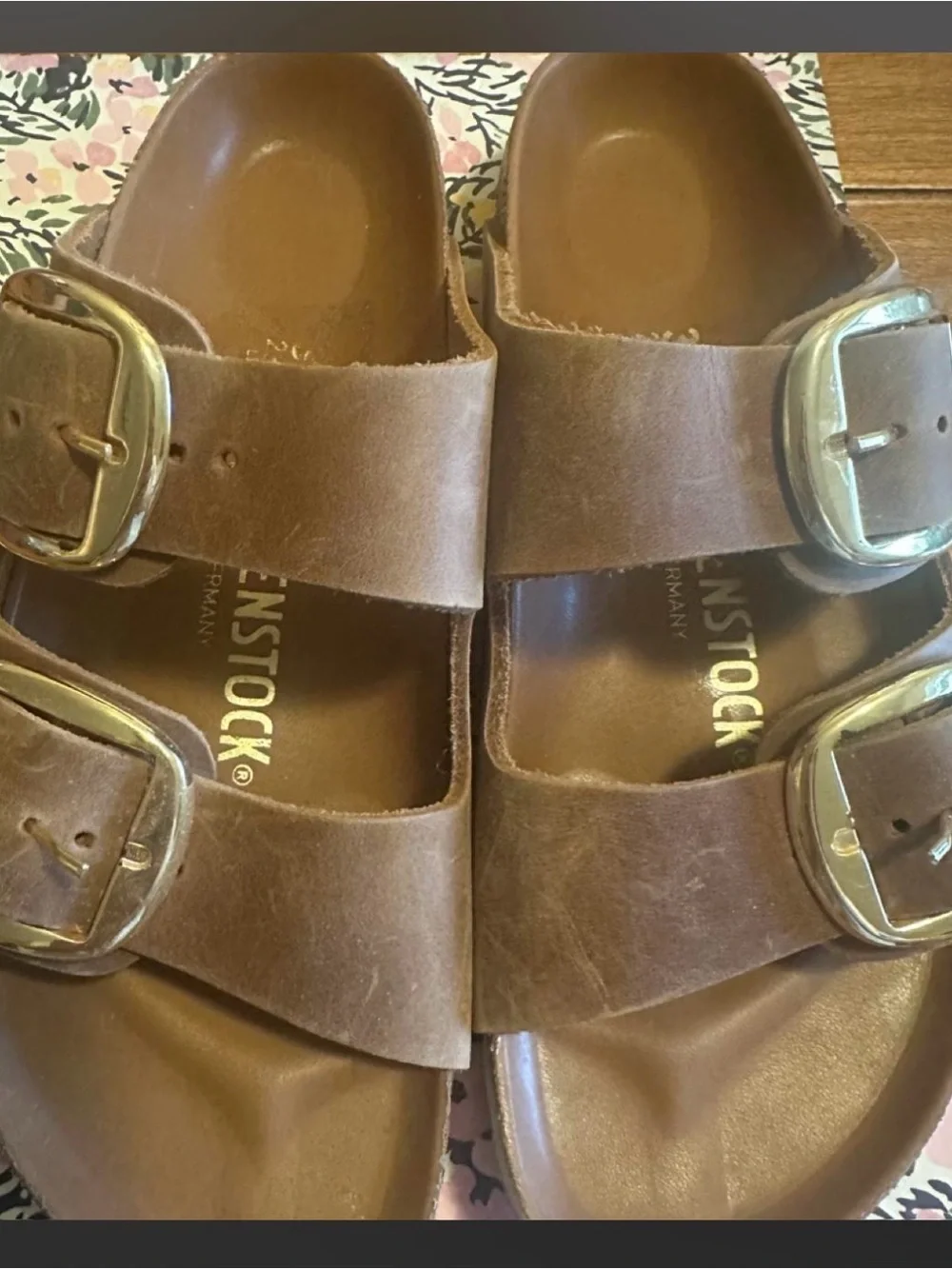 Birkenstock Arizona Double Strap Sandal in Brown with Gold Buckles